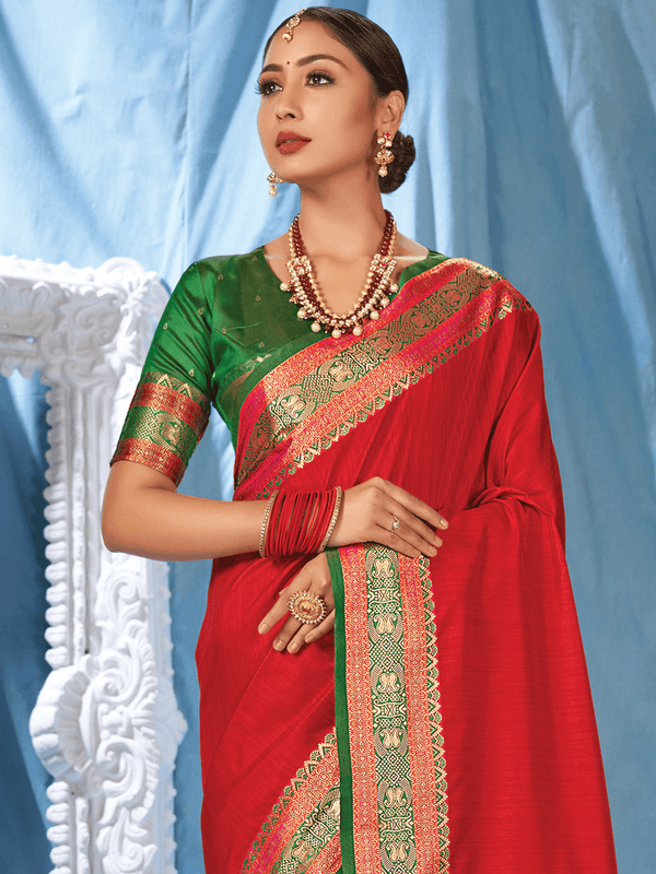 Women's Red Silk Heavy Wevon Designer Saree - Odette