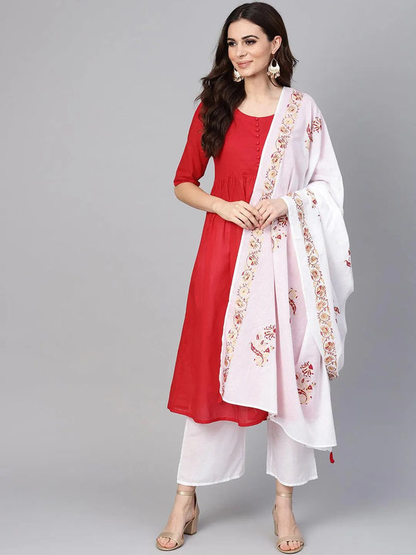 Red Solid Cotton Suit Set - Jashvi