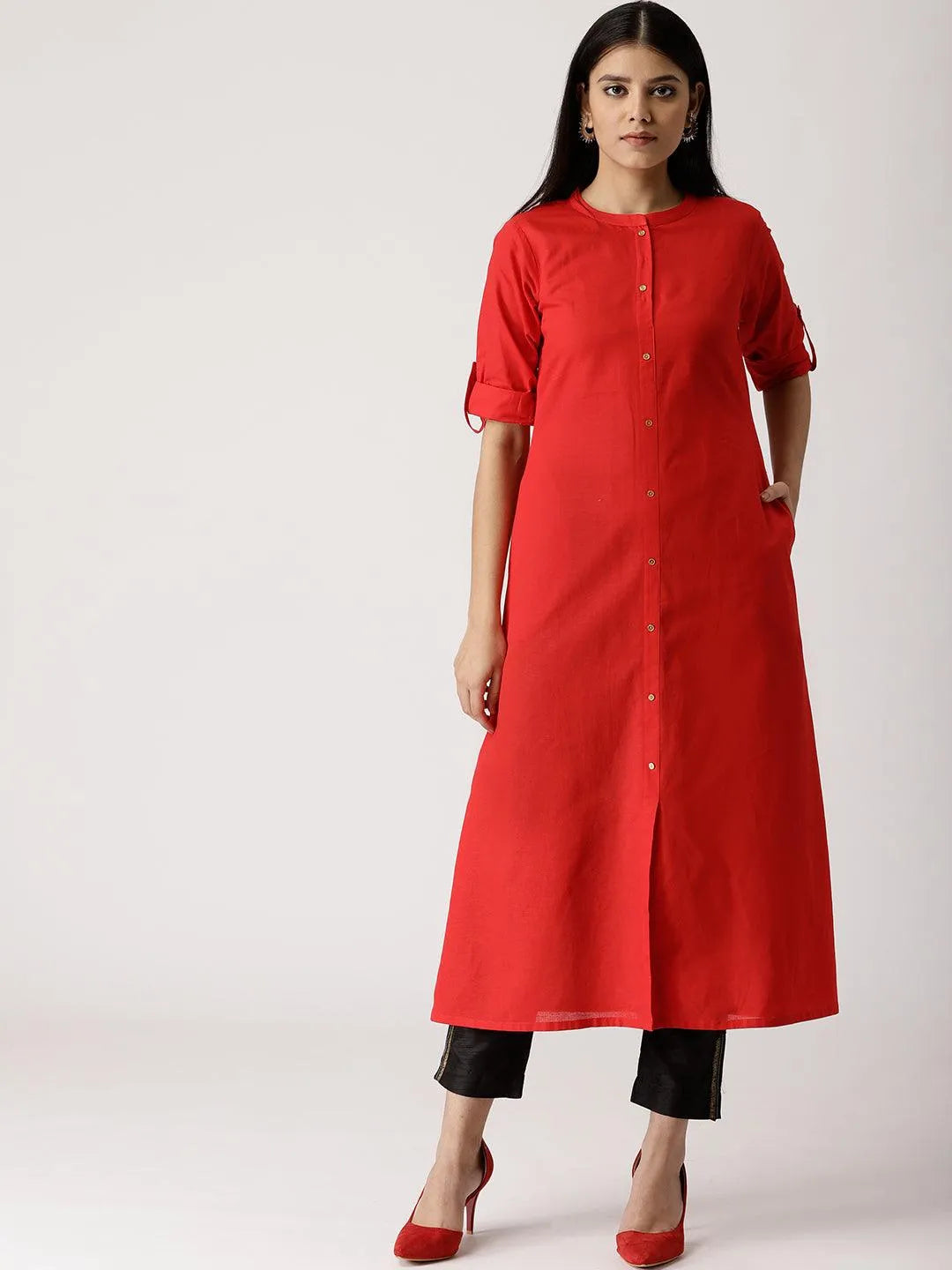 Red Solid Cotton Kurta - Jashvi