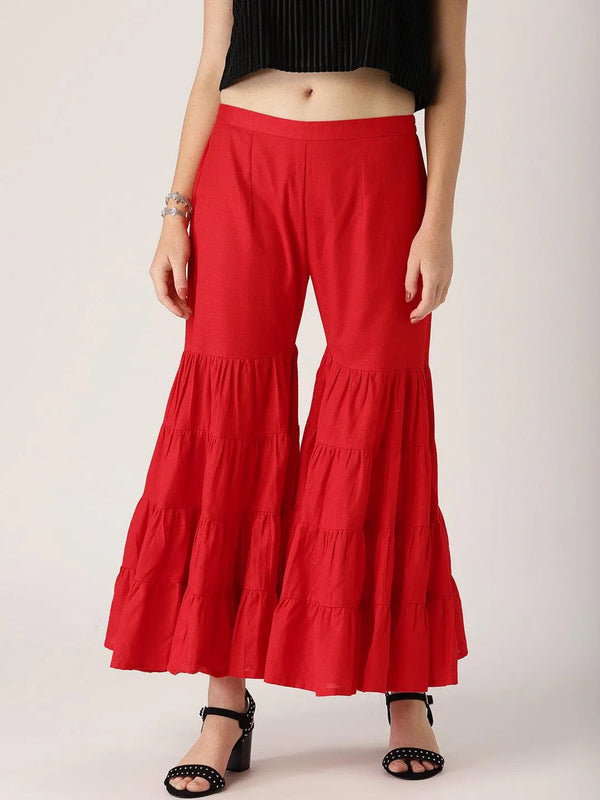 Red Solid Cotton Palazzos - Jashvi