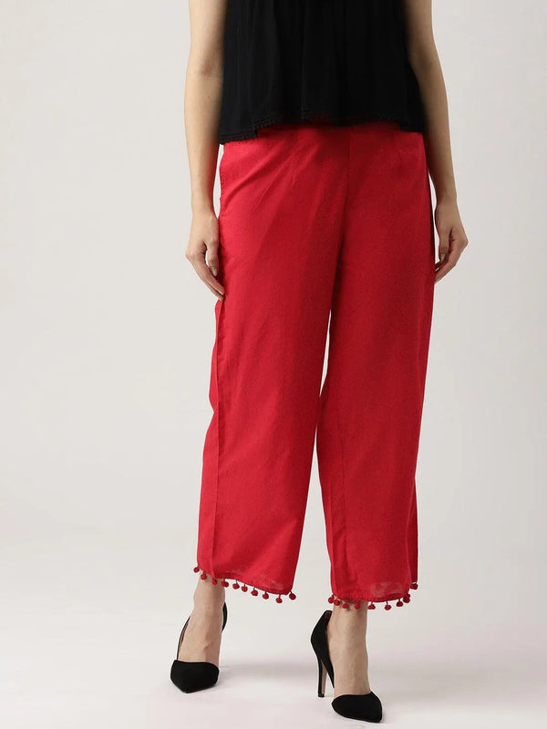 Red Solid Cotton Palazzos - Jashvi