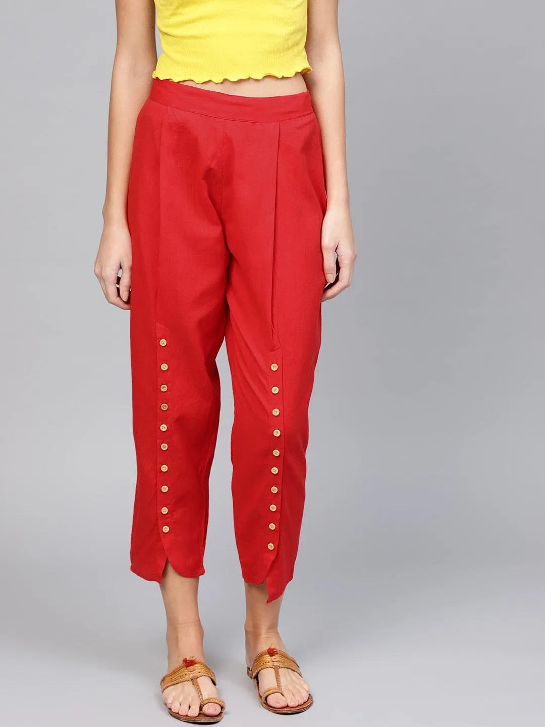 Red Solid Cotton Trousers - Jashvi