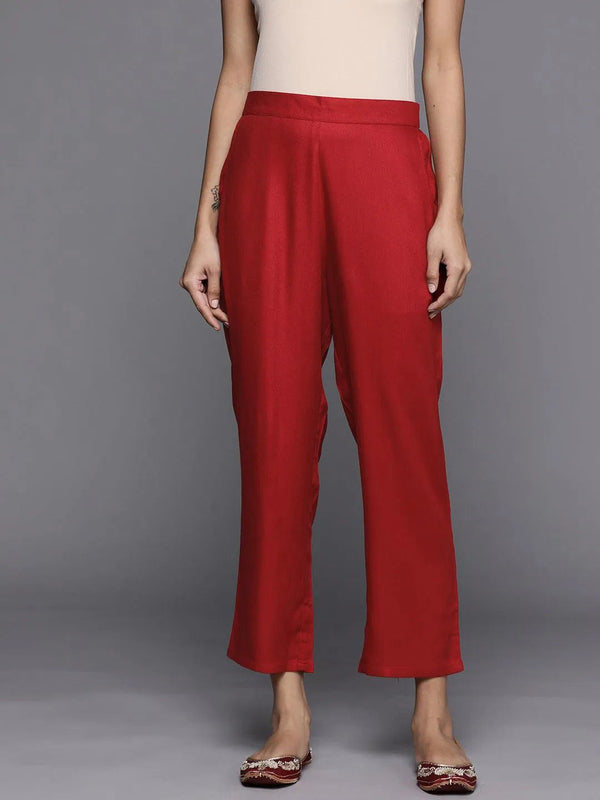 Red Solid Pashmina Wool Trousers - Jashvi