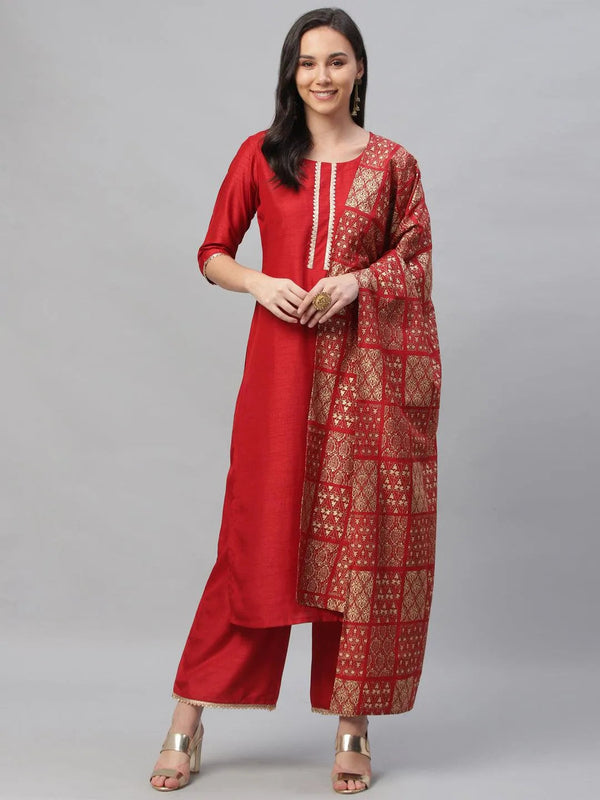 Red Solid Polyester Suit Set - Jashvi