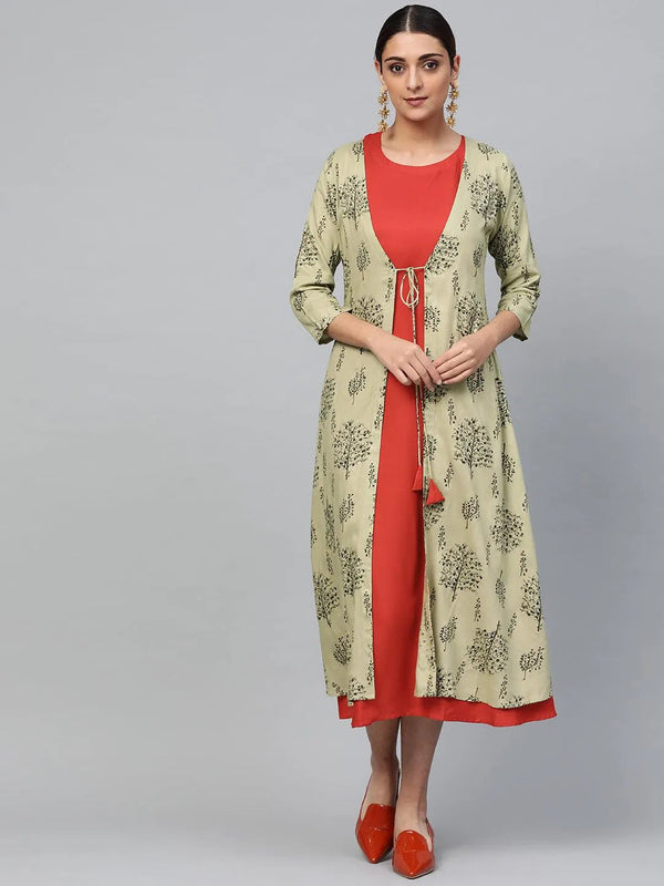 Red Solid Rayon Dress With Shrug - Jashvi