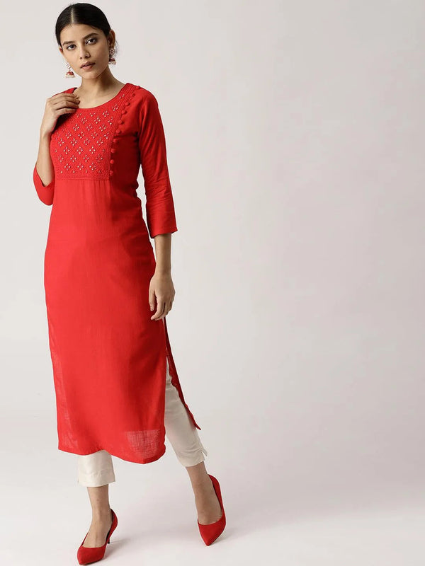 Red Solid Rayon Kurta - Jashvi