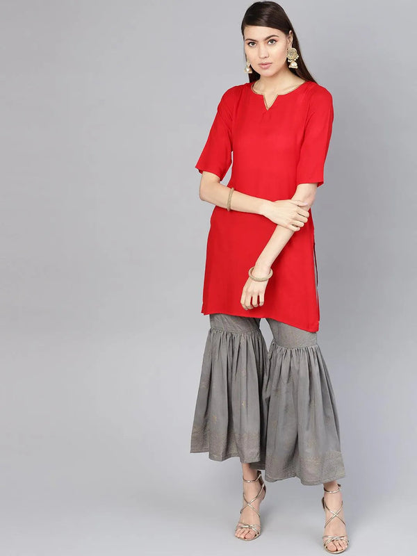 Red Solid Rayon Kurta Set - Jashvi