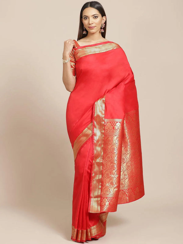 Red Solid Silk Blend Saree - Jashvi