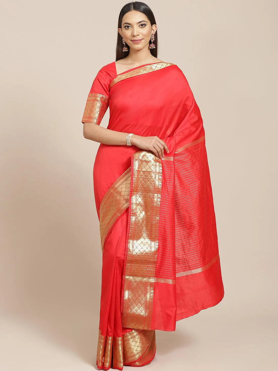 Red Solid Silk Blend Saree - Jashvi