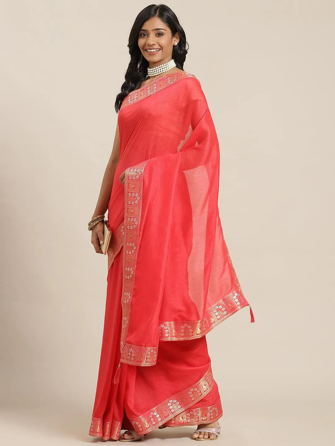 Red Solid Silk Blend Saree - Jashvi