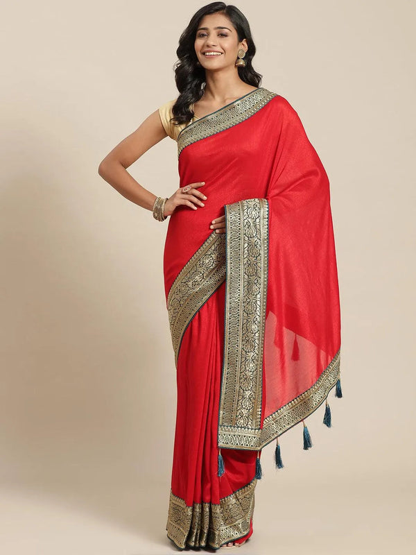 Red Solid Silk Blend Saree - Jashvi