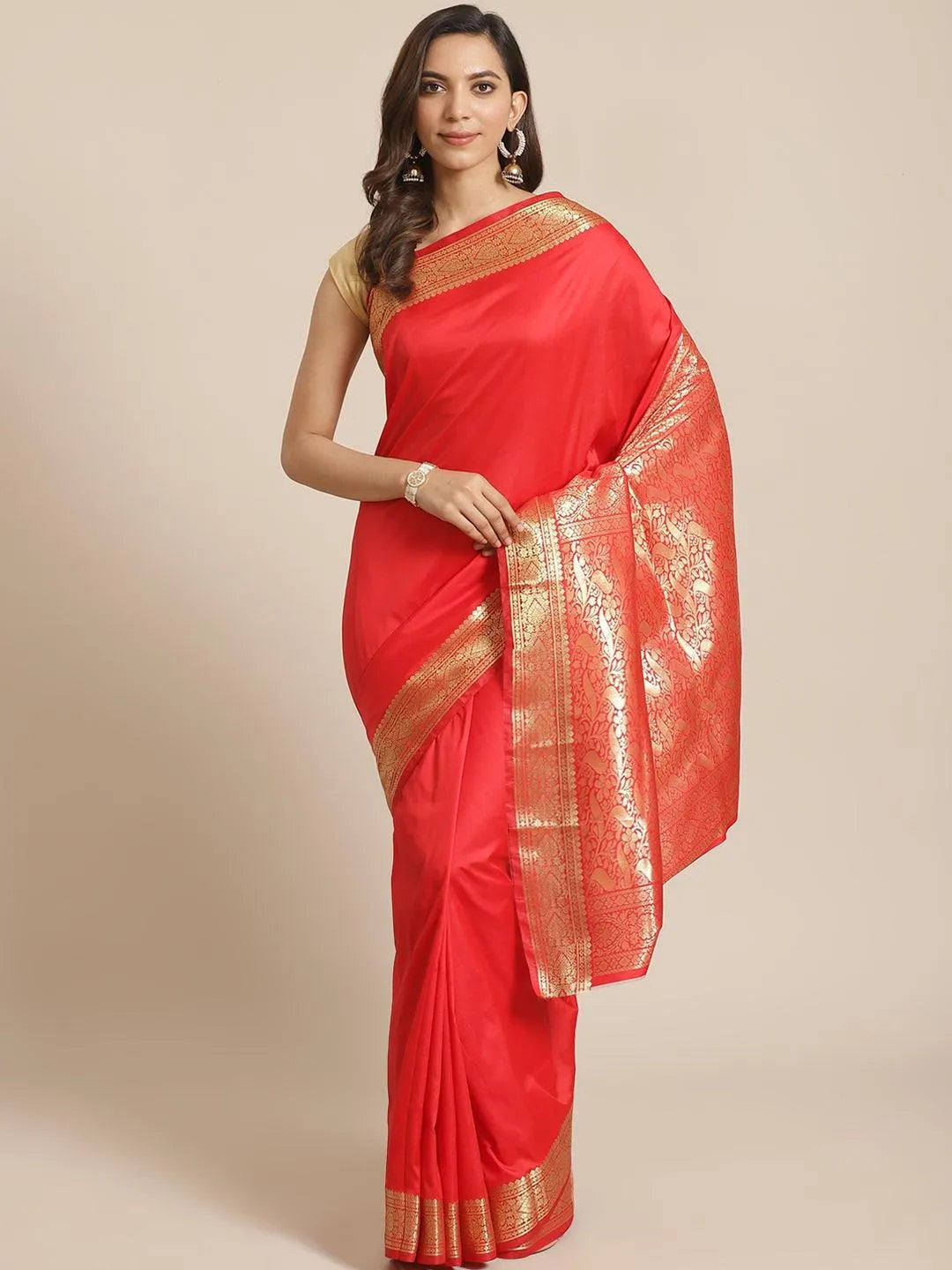 Red Solid Silk Blend Saree - Jashvi