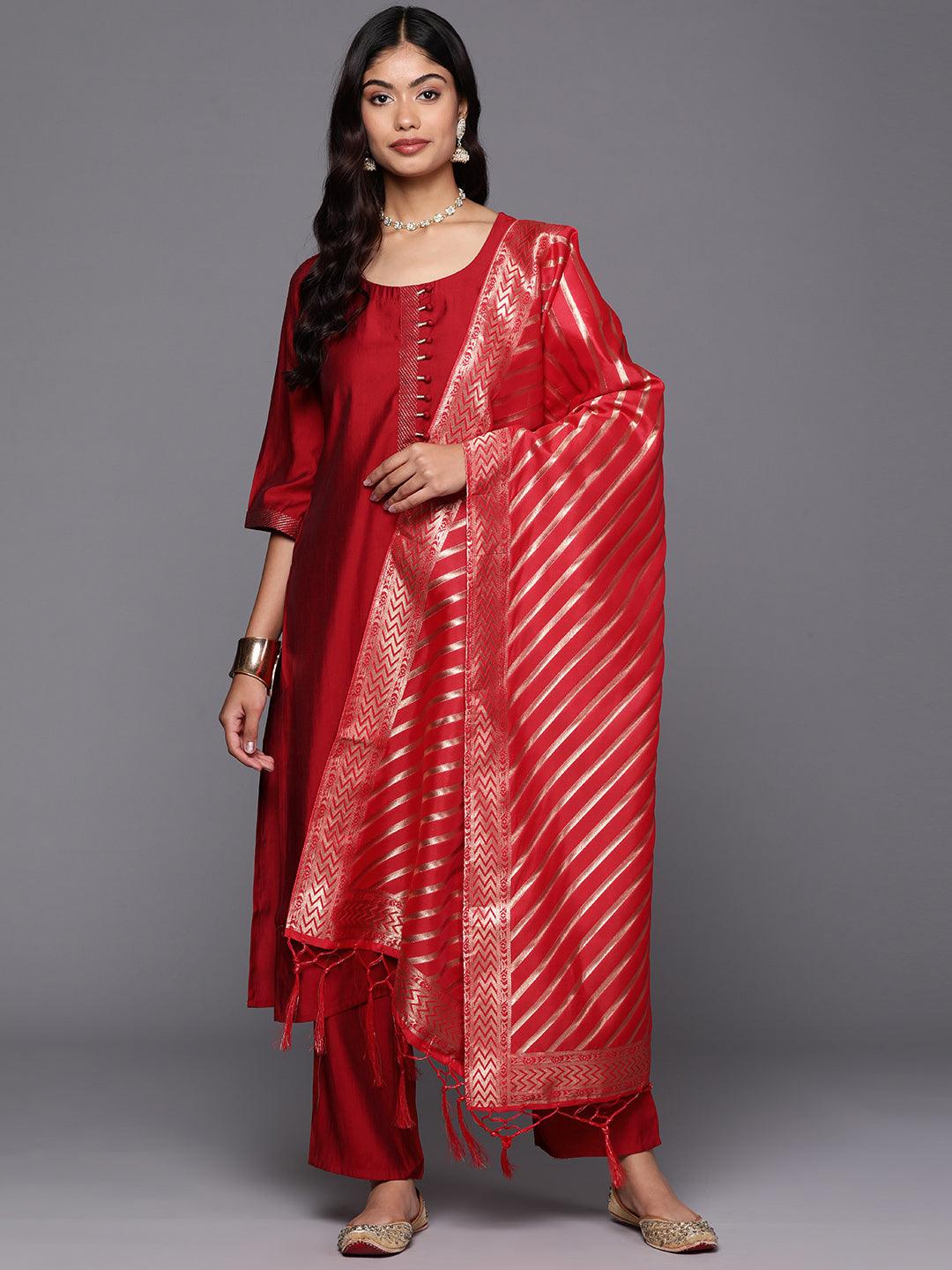 Red Solid Silk Blend Straight Kurta With Trousers & Dupatta - Jashvi