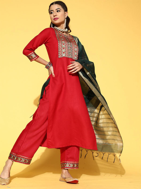 Women's Red Solid Straight Kurta Palazzo With Dupatta Set - Odette