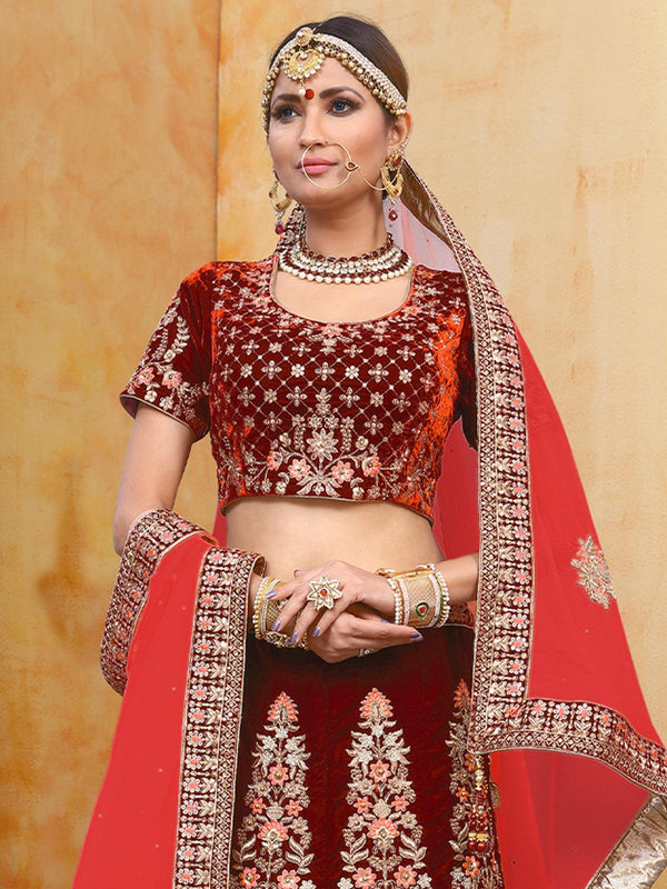 Women's Red Velvet Designer Lehenga Choli - Odette