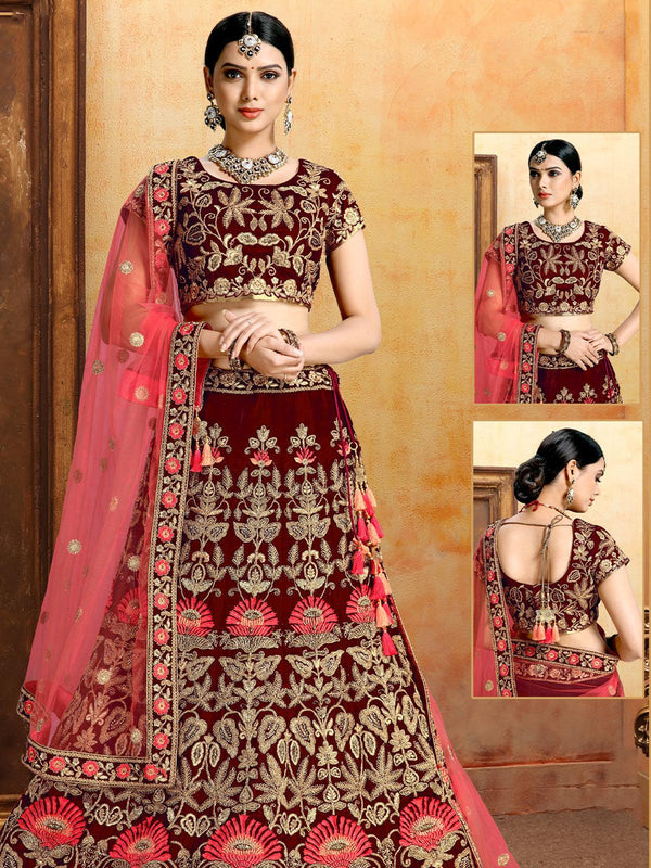 Women's Red Velvet Designer Lehenga Choli - Odette