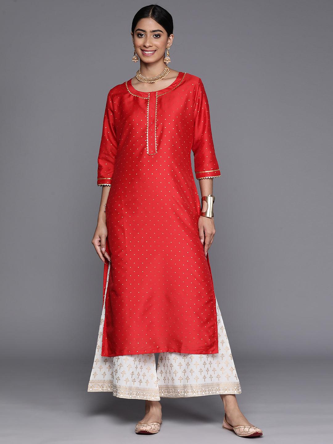 Red Woven Design Art Silk Straight Kurta - Jashvi