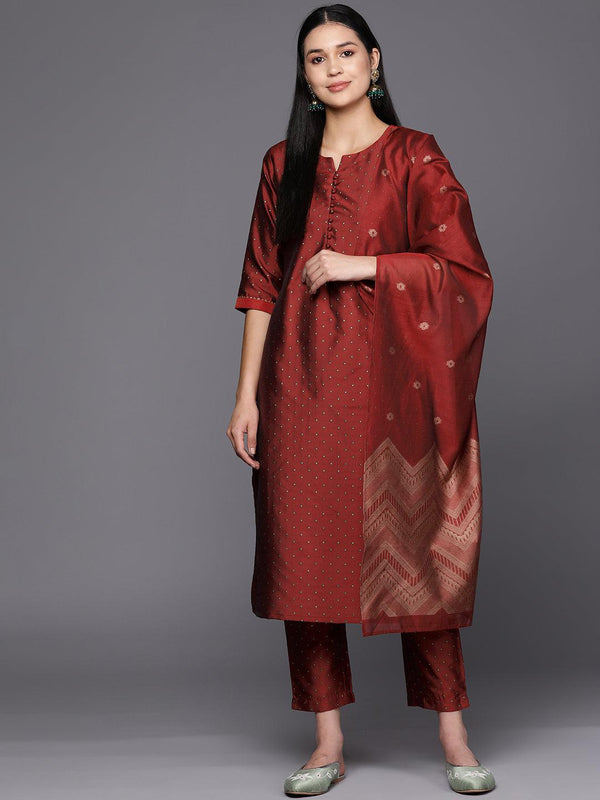 Red Woven Design Art Silk Straight Suit Set With Trousers - Jashvi