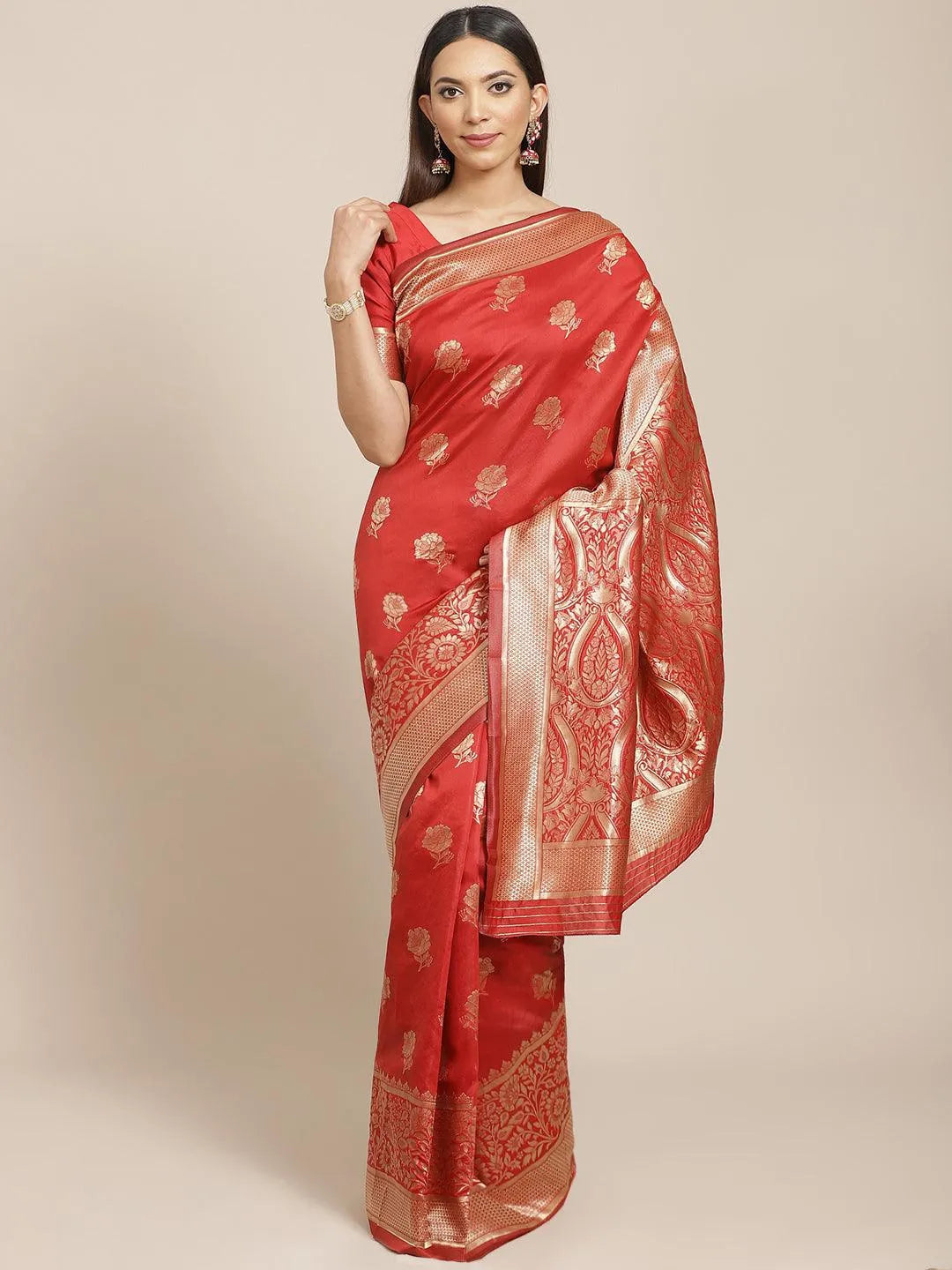 Red Woven Design Brocade Saree - Jashvi