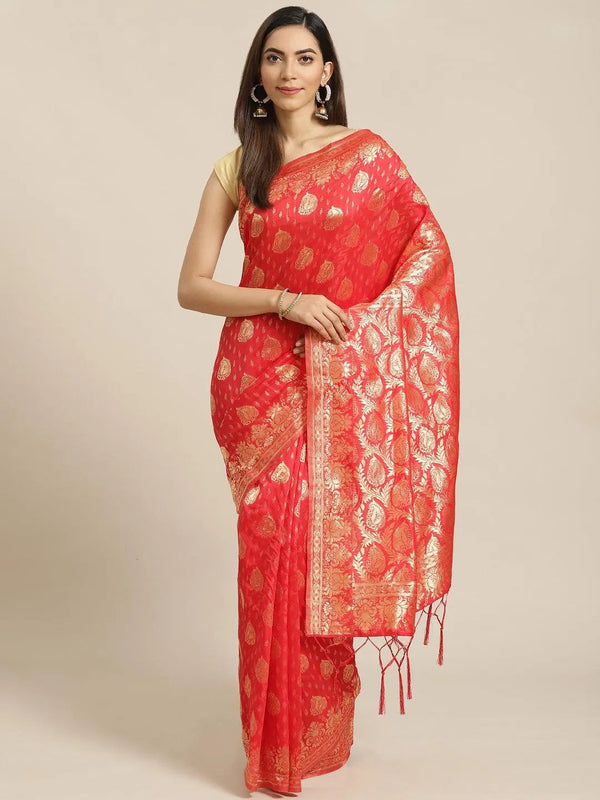 Red Woven Design Brocade Saree - Jashvi