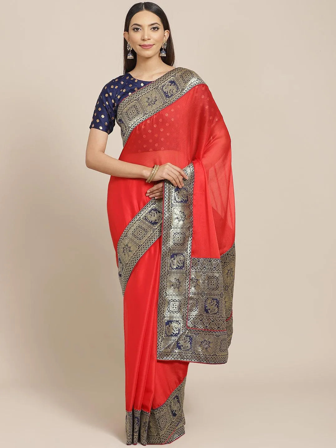 Red Woven Design Chiffon Saree - Jashvi