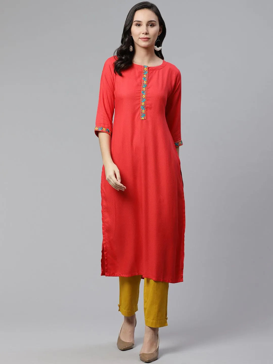 Red Woven Design Rayon Kurta - Jashvi