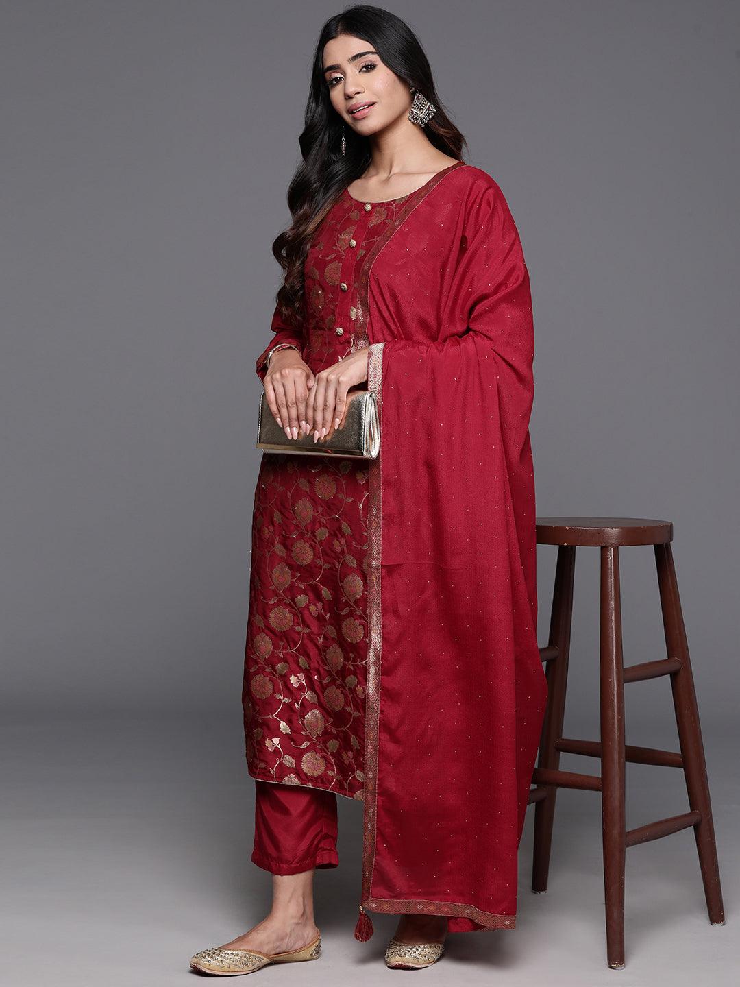 Red Woven Design Silk Blend Straight Kurta With Trousers & Dupatta - Jashvi