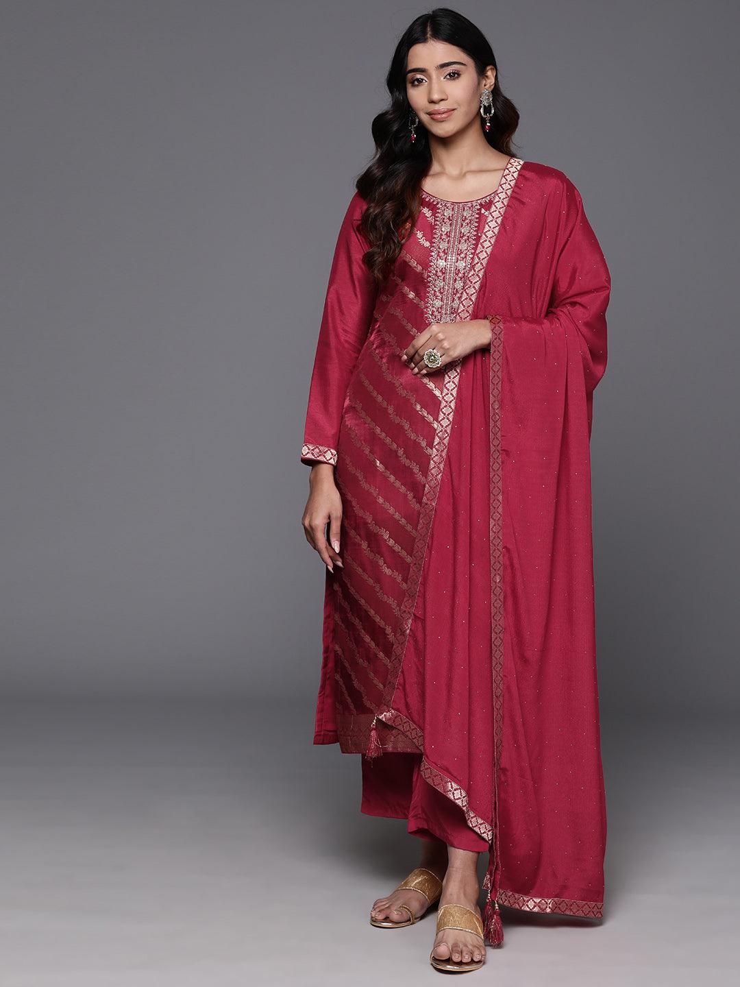 Red Woven Design Silk Blend Straight Kurta With Trousers & Dupatta - Jashvi