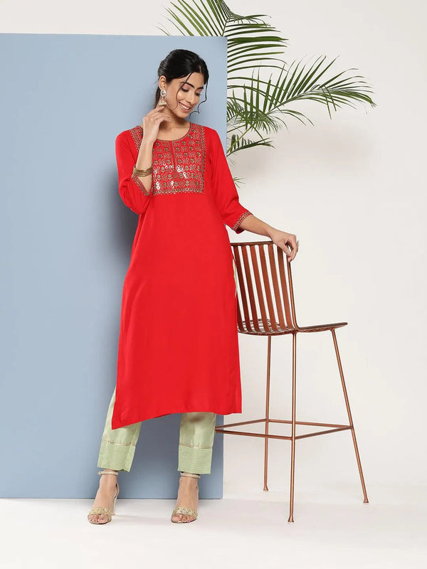 Red Yoke Design Rayon Straight Kurta - Jashvi