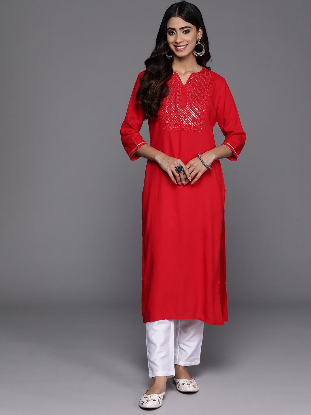 Red Yoke Design Rayon Straight Kurta - Jashvi