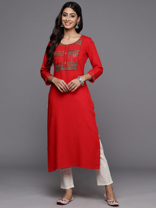 Red Yoke Design Rayon Straight Kurta - Jashvi