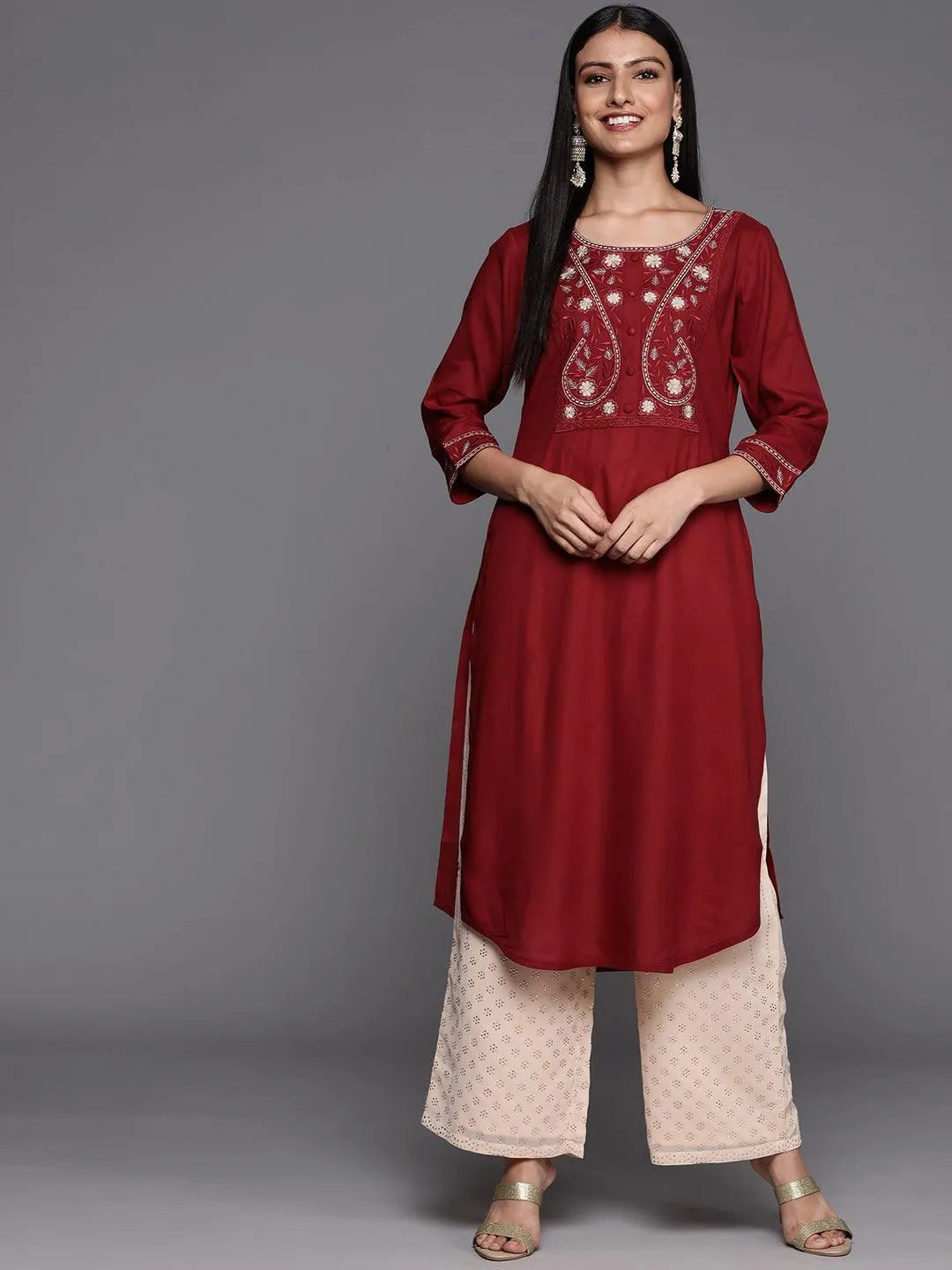 Red Yoke Design Rayon Straight Kurta - Jashvi