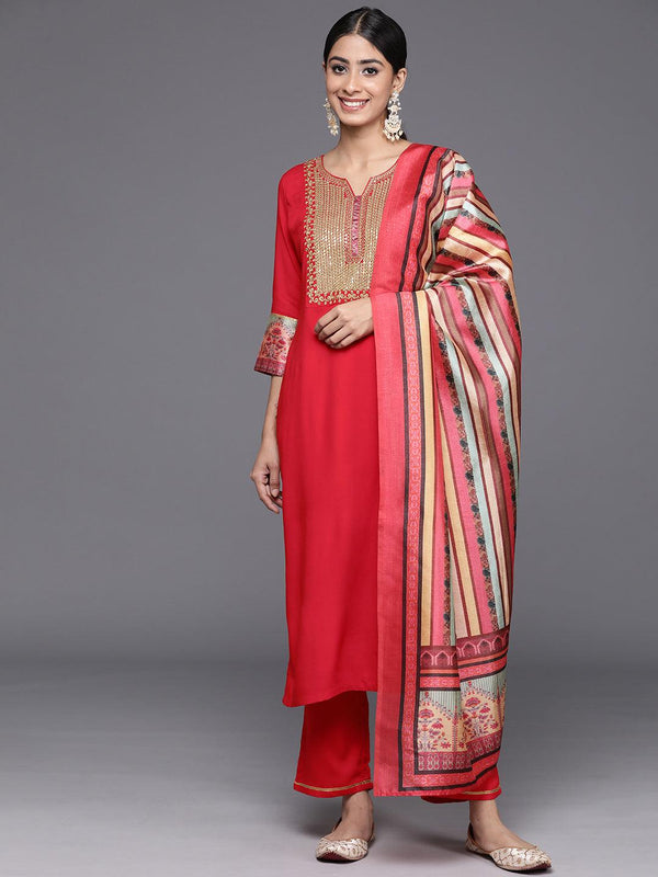 Red Yoke Design Rayon Straight Kurta With Trousers & Dupatta - Jashvi