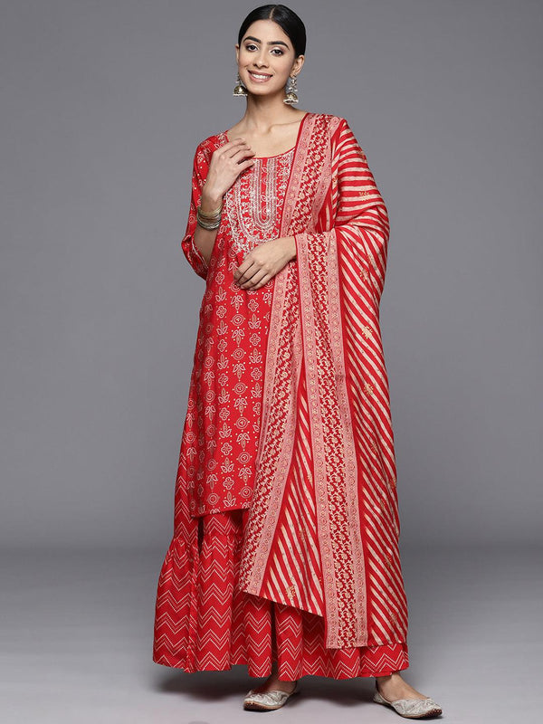 Red Yoke Design Silk Blend Straight Kurta With Skirt & Dupatta - Jashvi