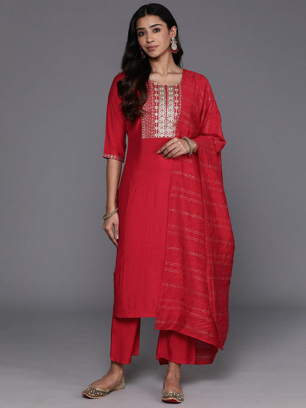 Red Yoke Design Silk Blend Straight Kurta With Trousers & Dupatta - Jashvi