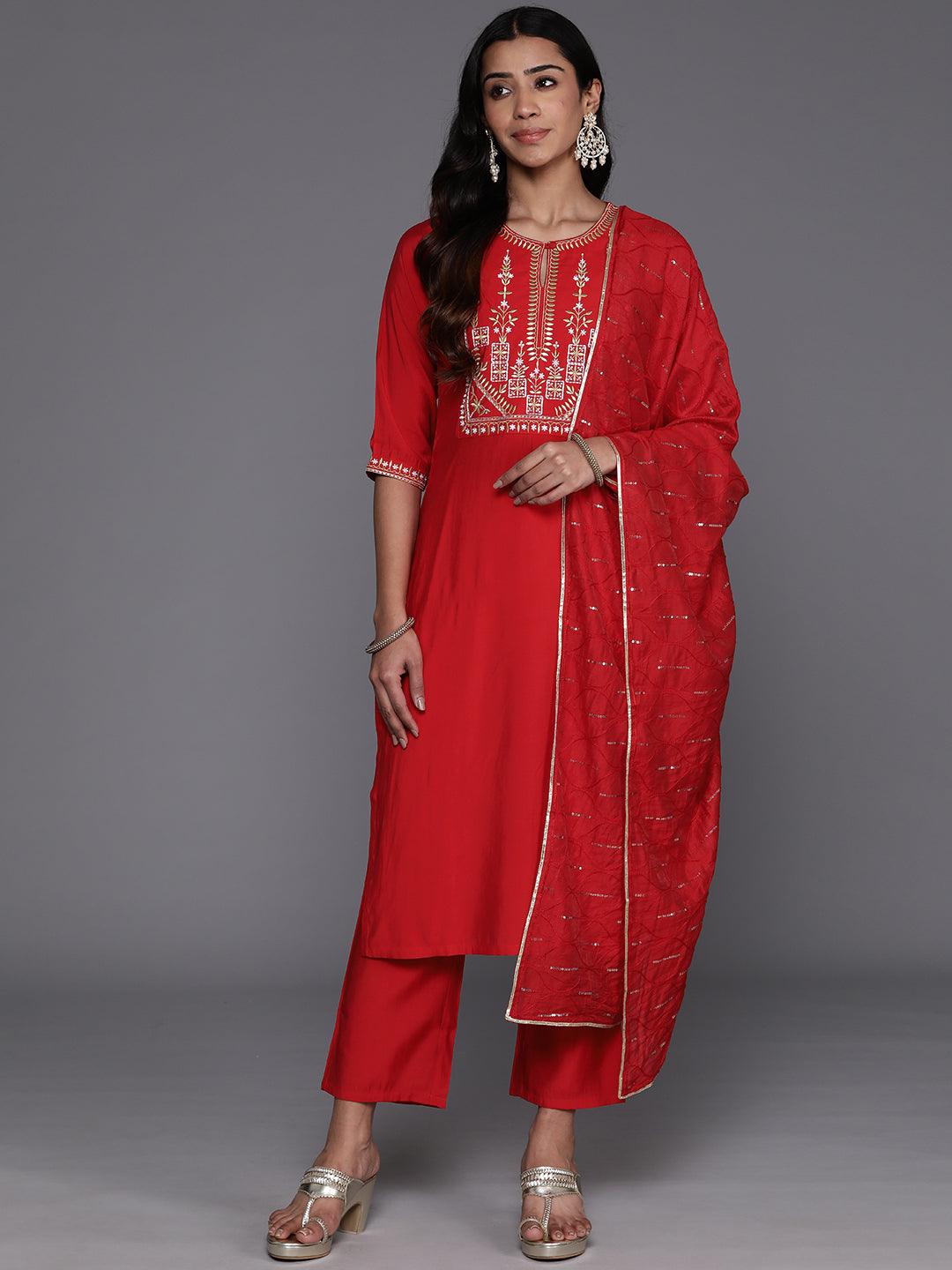 Red Yoke Design Silk Blend Straight Kurta With Trousers & Dupatta - Jashvi