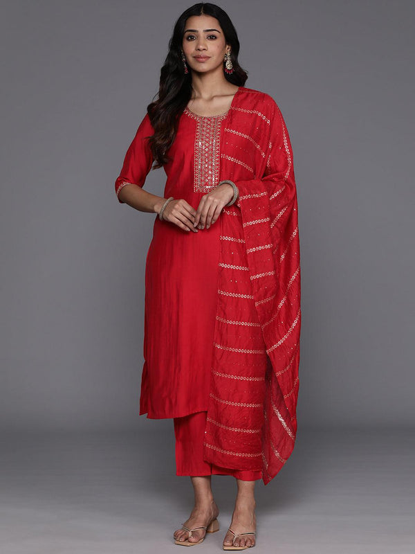 Red Yoke Design Silk Blend Straight Kurta With Trousers & Dupatta - Jashvi