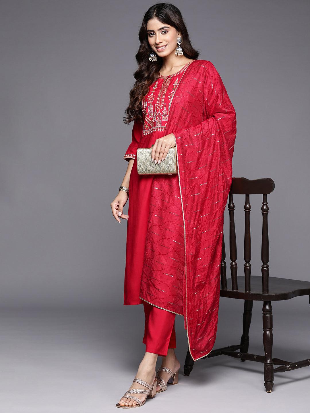 Red Yoke Design Silk Blend Straight Kurta With Trousers & Dupatta - Jashvi