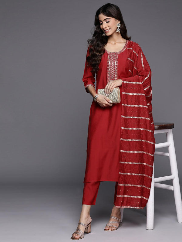 Red Yoke Design Silk Blend Straight Kurta With Trousers & Dupatta - Jashvi