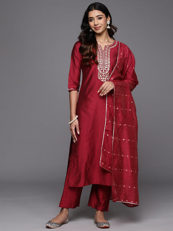 Red Yoke Design Silk Blend Straight Kurta With Trousers & Dupatta - Jashvi