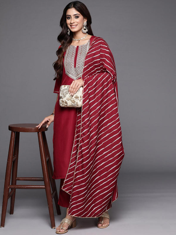 Red Yoke Design Silk Blend Straight Suit With Dupatta