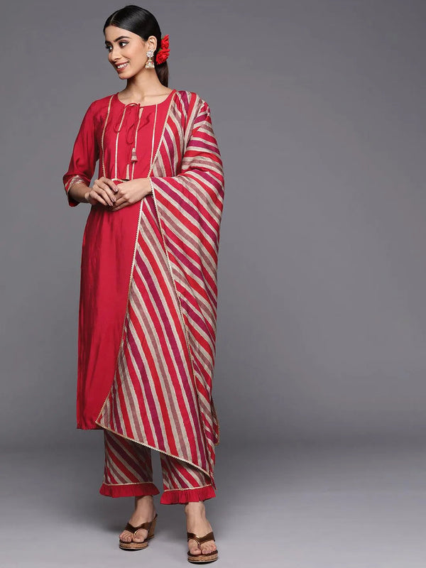 Red Yoke Design Silk Blend Straight Suit Set With Trousers - Jashvi