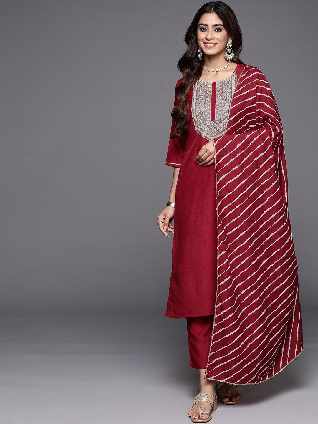 Red Yoke Design Silk Blend Straight Kurta With Trousers & Dupatta - Jashvi