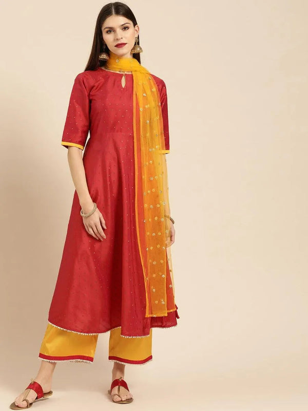 Red Zari Work Chanderi Suit Set - Jashvi