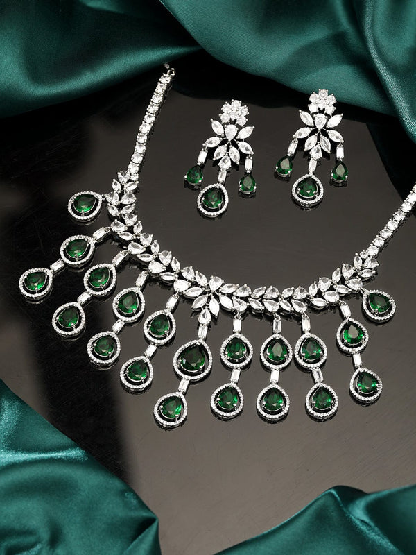 Rubans Rhodium Plated Emerlad Green Oval Zirconia Tassel Drop Silver Necklace Set.