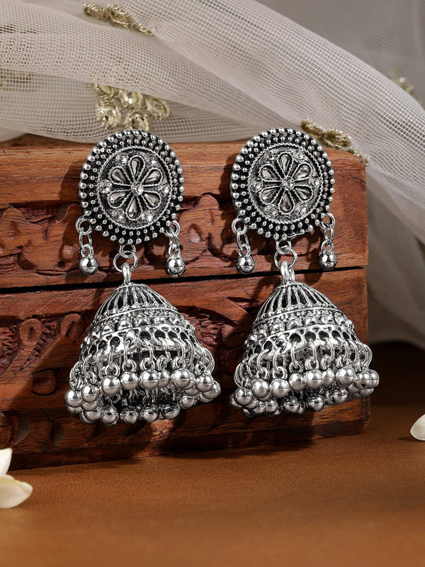 Rhodium Plated Ghungroo Jhumka Earrings