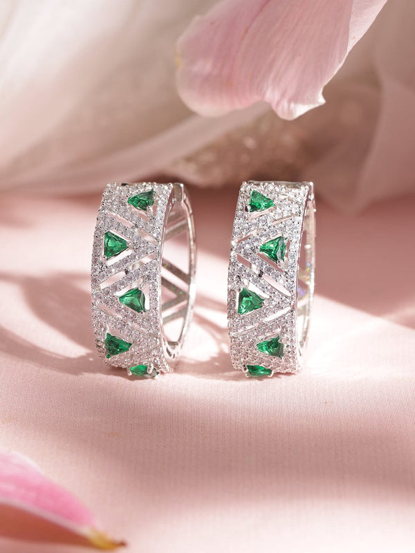 Rubans Rhodium Plated Emerald Crystal Trilliant  Zirconia Exquisite Demi - Fine Hoop Earring