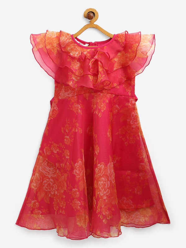 Pink Organza Digital Print Girls Dress