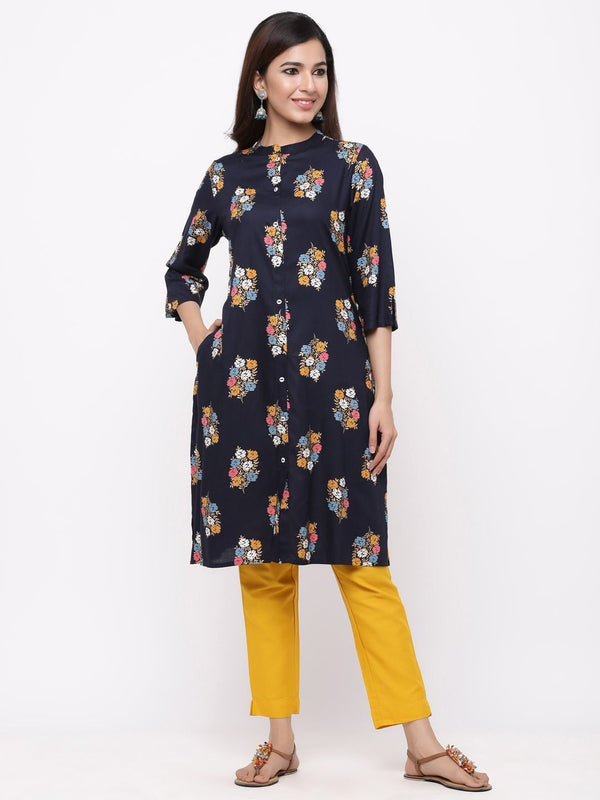 Women's Navy Rayon Printed A-Line Kurta - Juniper