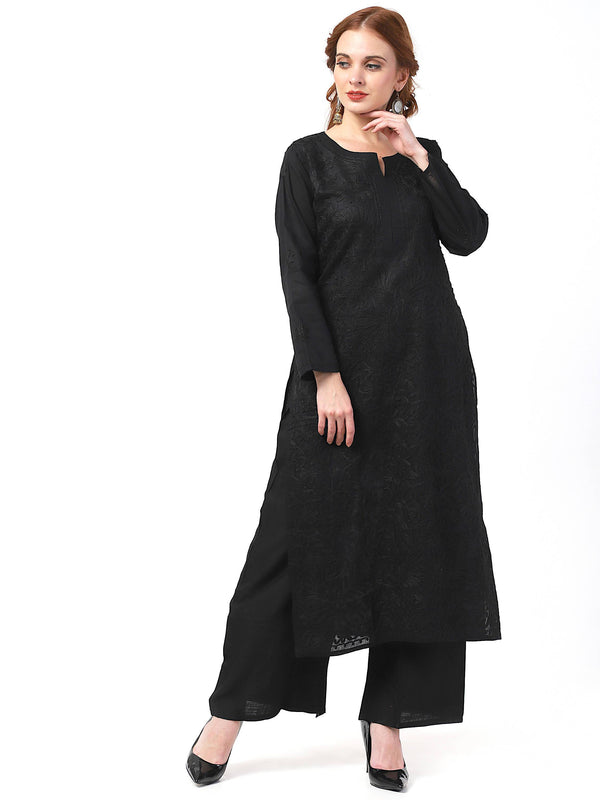 Women's Cotton Black Chikankari Kurta Palazzo Set - Cheera